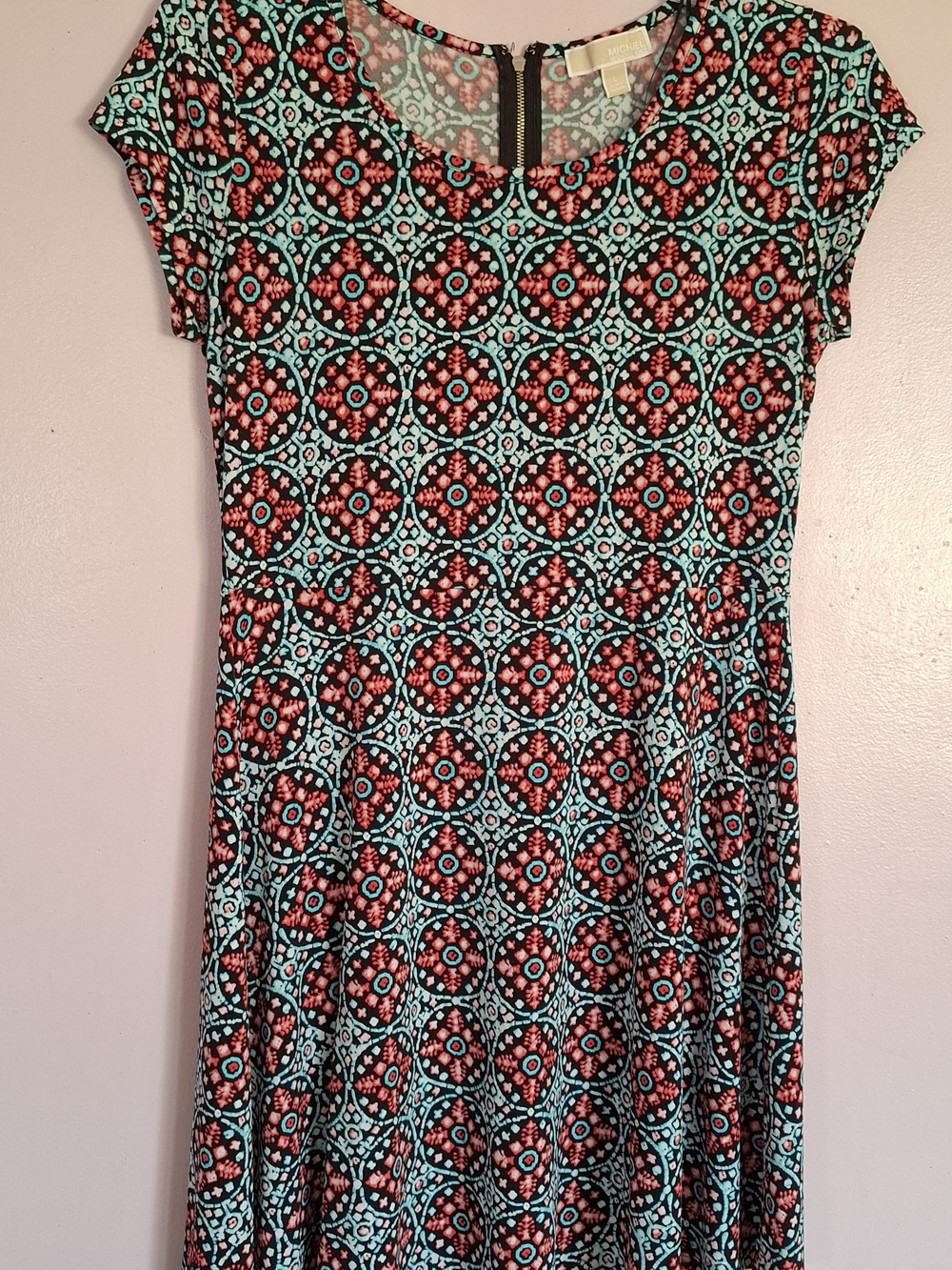 Michael Kors Teal, Coral & Black Printed Midi Dress